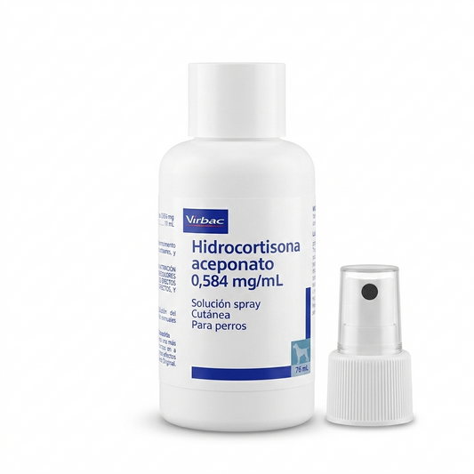 Envase frontal de hidrocortisona aceponato en botella con válvula dosificadora de spray para una aplicación dermatológica precisa en mascotas.