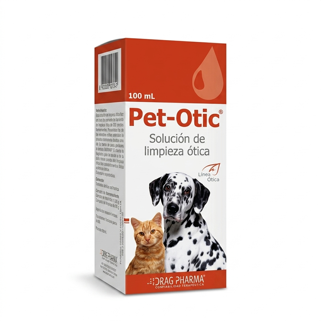 Limpiador ótico Pet-Otic Drag Pharma 100 ml para perros y gatos, solución ceruminolítica y antiséptica para higiene de oídos y prevención de otitis.