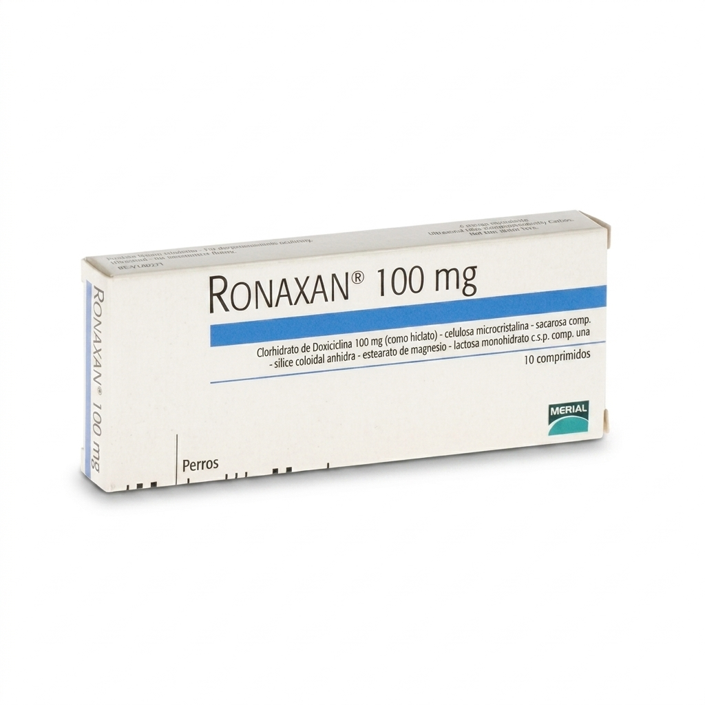 Fotografía en ángulo oblicuo de una caja de Ronaxan 100mg para perros, mostrando claramente el nombre del producto, la concentración (clorhidrato de doxiciclina), la indicación para perros y la cantidad de 10 comprimidos.