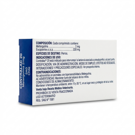 Caja de Contralac 20 (Metergolina 2 mg) para uso veterinario en perras. Vista en perspectiva sobre fondo blanco de estudio que detalla la composición, indicaciones de uso, contraindicaciones y número de registro SAG Chile en la etiqueta lateral y trasera.