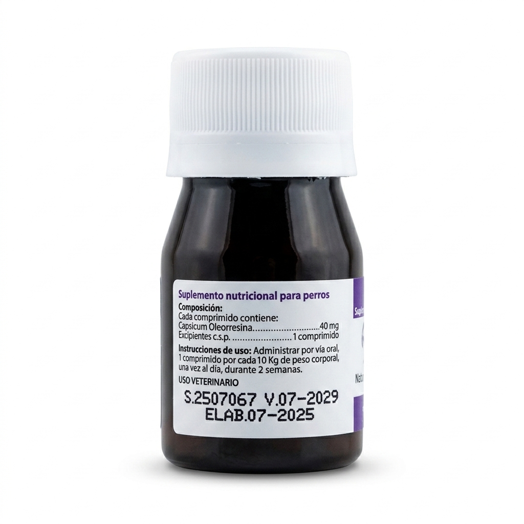 Contraetiqueta posterior de la botella de Cracul solución oral, detallando la composición, indicaciones de uso y dosis para mascotas.