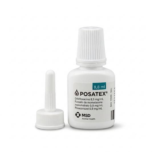 Frasco de gotas óticas Posatex de 8,8 ml de MSD Animal Health con su aplicador para oídos