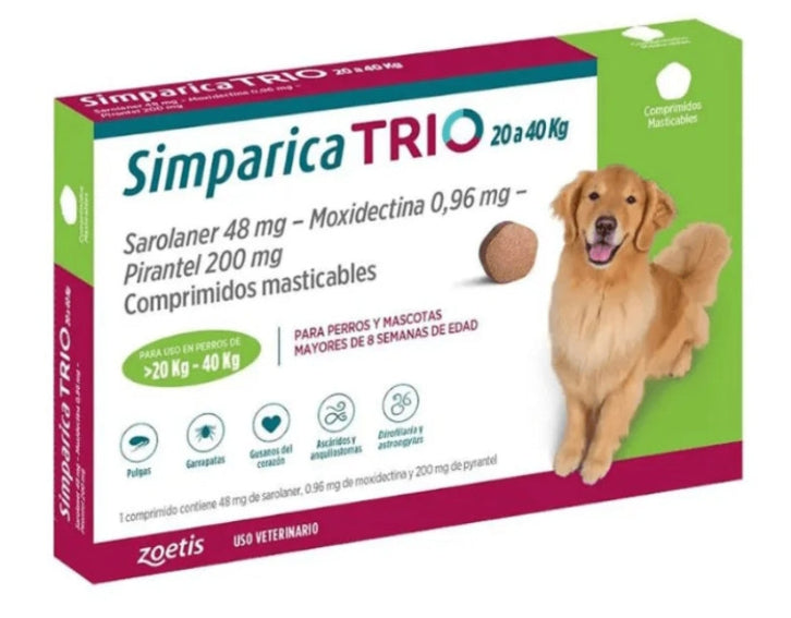 Simparica TRIO 20–40 kg - 3 Comprimidos – Antiparasitario interno y externo perros
