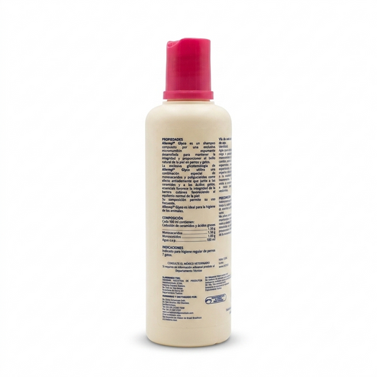 Reverso del envase de Shampoo Virbac Allermyl Glyco de 250 ml, donde se detallan las propiedades, composición química, indicaciones de uso e información del fabricante sobre fondo blanco.