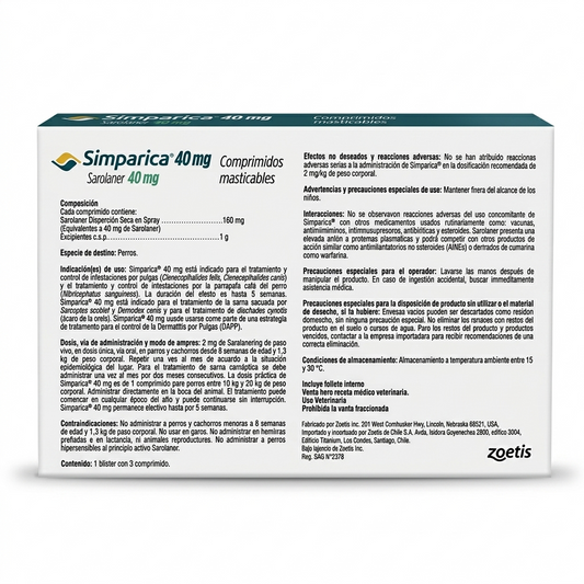 Contraetiqueta trasera de Simparica para perros de 10 a 20 kg, caja de 3 comprimidos masticables con indicaciones para tratamiento trimestral.