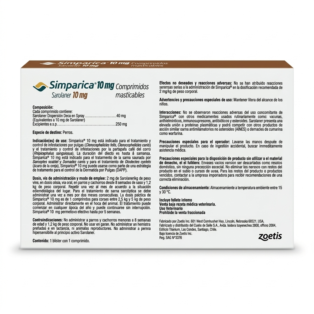 Contraetiqueta posterior de Simparica para perros miniatura de 2,5 a 5 kg, dosis de 1 comprimido masticable para la eliminación de parásitos externos.