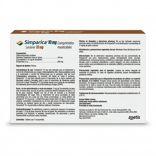Contraetiqueta posterior de Simparica para perros miniatura de 2,5 a 5 kg, dosis de 1 comprimido masticable para la eliminación de parásitos externos.