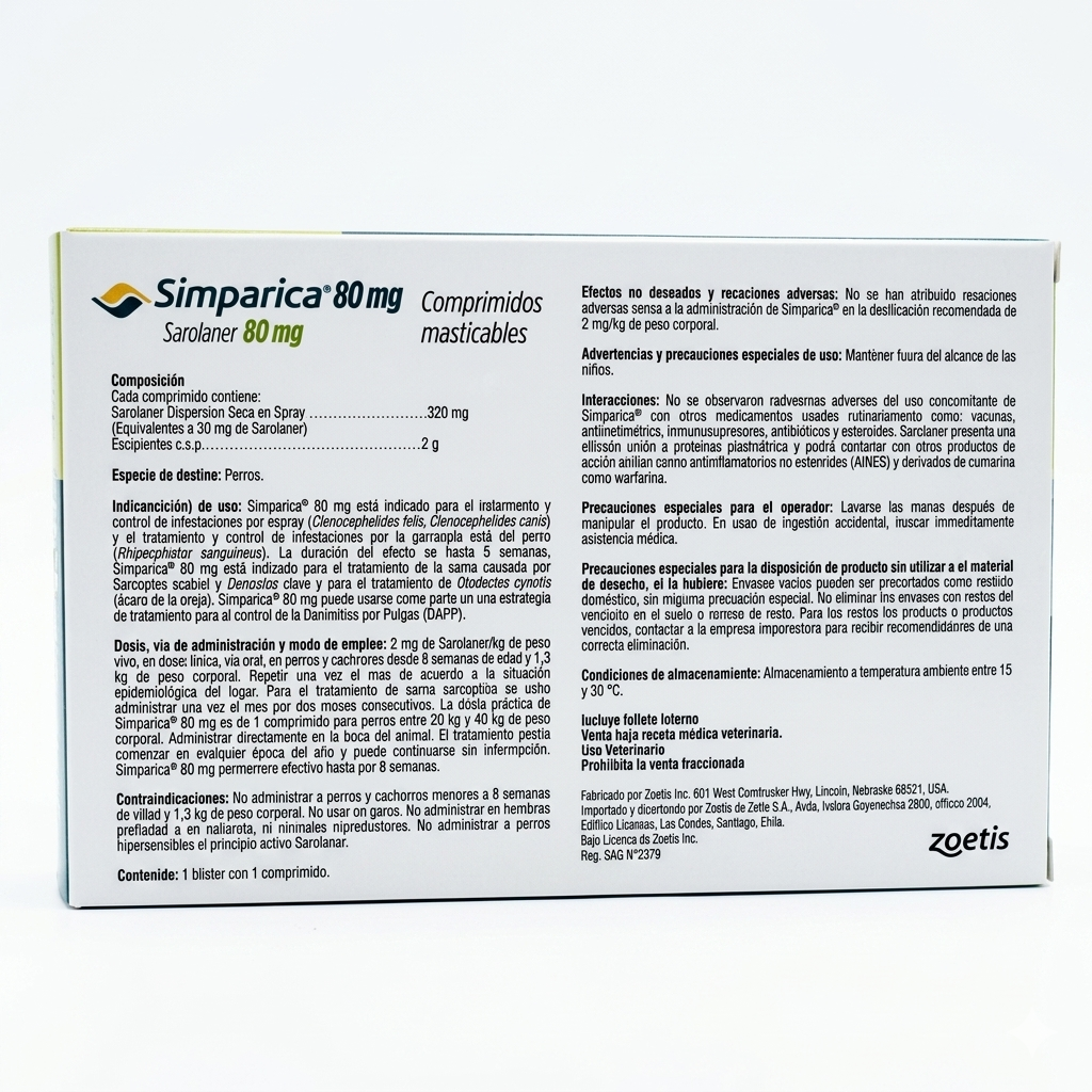 Reverso de la caja de Simparica convencional para perros de 20 a 40 kg, formato de 1 comprimido para el control de pulgas, garrapatas y sarna.