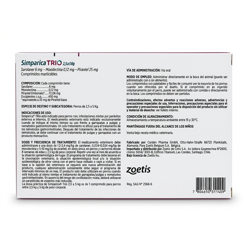 Parte posterior del empaque de Simparica Trio para perros pequeños de 2,5 a 5 kg, 1 comprimido masticable con advertencias e indicaciones de uso.