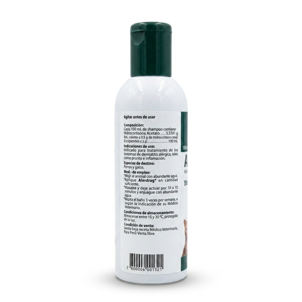 Envase posterior de shampoo veterinario Alerdrag, composición con hidrocortisona acetato e indicaciones para el tratamiento de dermatitis alérgica en perros y gatos.