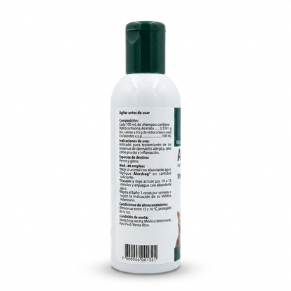 Envase posterior de shampoo veterinario Alerdrag, composición con hidrocortisona acetato e indicaciones para el tratamiento de dermatitis alérgica en perros y gatos.