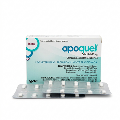 Caja frontal de Apoquel 16 mg de Zoetis para perros grandes, mostrada junto a dos blísteres de 10 comprimidos para el control de la dermatitis atópica.