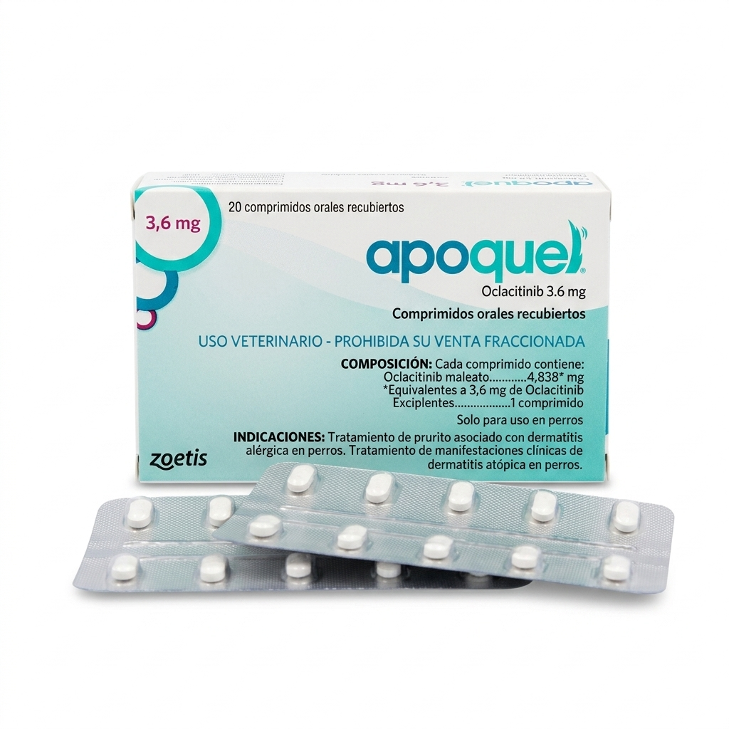 Vista frontal de la caja de Apoquel 3,6 mg junto a dos blísteres de 10 comprimidos cada uno, tratamiento para la dermatitis alérgica en perros.