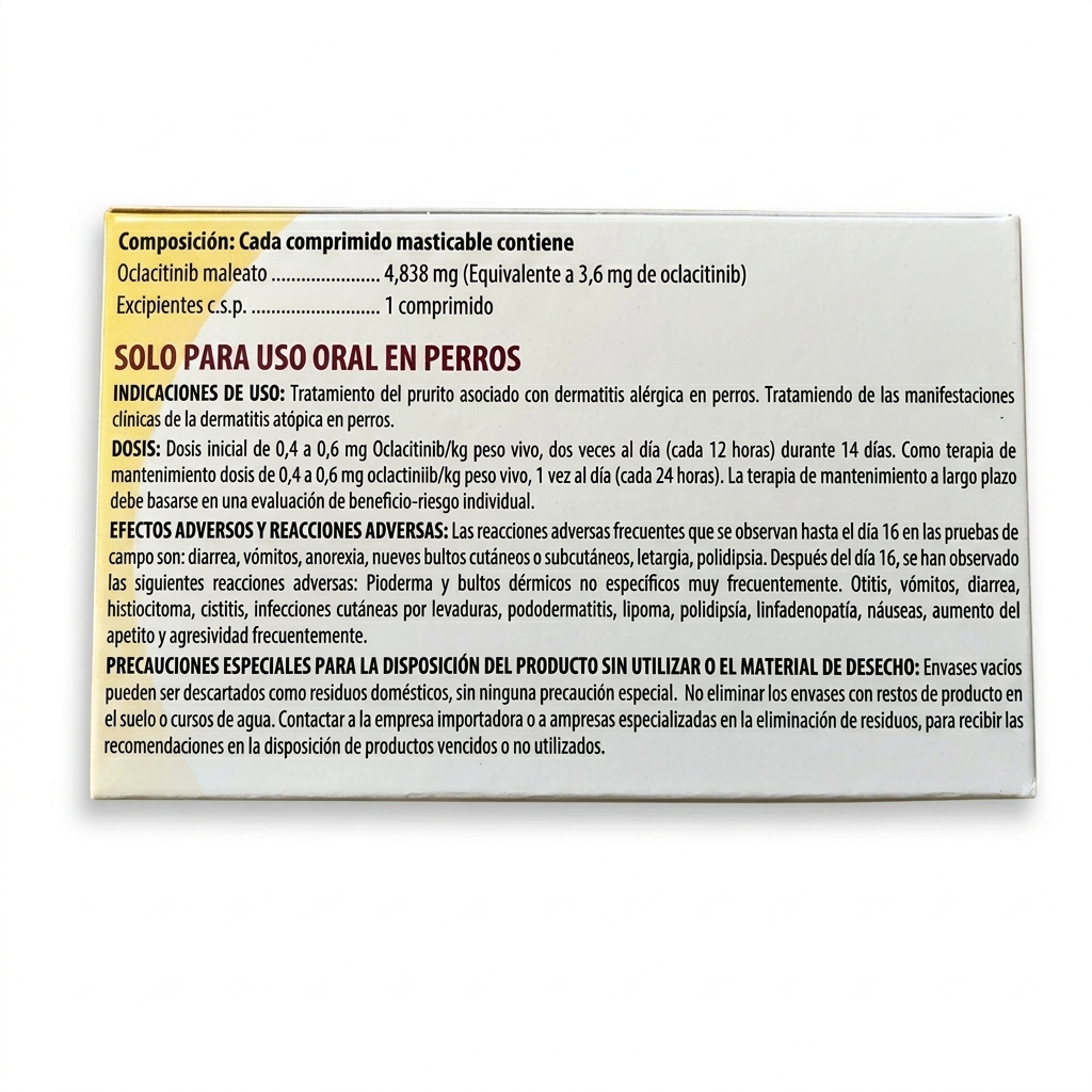 Contraetiqueta posterior de Apoquel Masticable 3,6 mg, con las indicaciones de dosificación y almacenamiento del antipruriginoso oral.