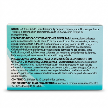 Reverso del empaque de Apoquel 3,6 mg de Zoetis, mostrando composición, advertencias e información técnica para el control del prurito canino.