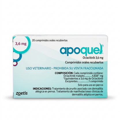 Apoquel 3.6 mg para perros pequeños – Control de dermatitis alérgica (20 comprimidos) - Dermatológicos veterinaria Zoetis en MasKotas Farmavet
