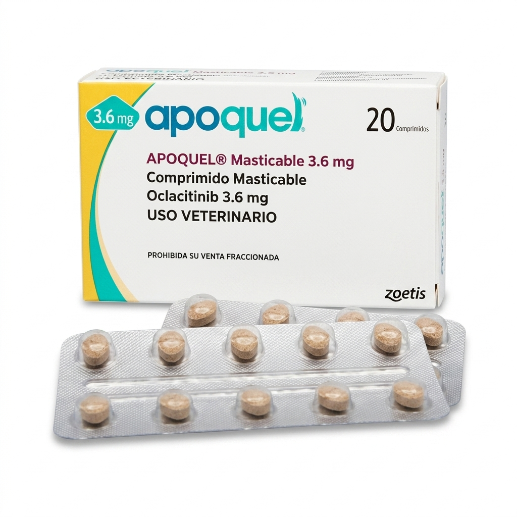 Caja frontal de Apoquel Masticable 3,6 mg para perros, acompañada de dos blísteres de 10 comprimidos masticables palatables.