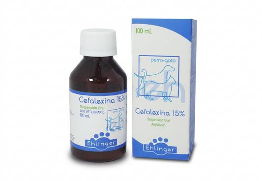 Cefalexina 15% - Suspensión 100 ml – Antibiótico amplio espectro - Perros y Gatos