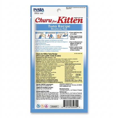 Reverso del empaque de Churu for Kitten sabor receta de atún de Inaba, suplemento cremoso para gatos menores de un año con información nutricional.