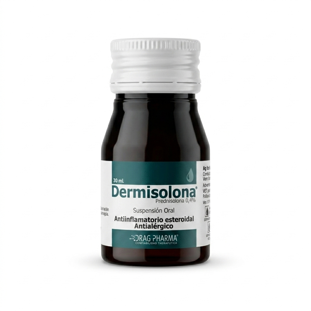 Vista limpia y frontal del frasco original de Dermisolona 10 ml, antiinflamatorio esteroidal líquido para perros y gatos.