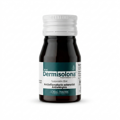 Vista limpia y frontal del frasco original de Dermisolona 10 ml, antiinflamatorio esteroidal líquido para perros y gatos.