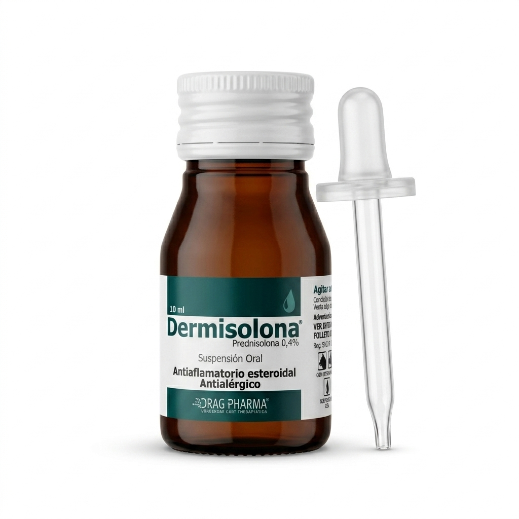 Envase de frente de Dermisolona 10 ml solución oral con accesorio de gotero, corticoide para el tratamiento de alergias en mascotas.