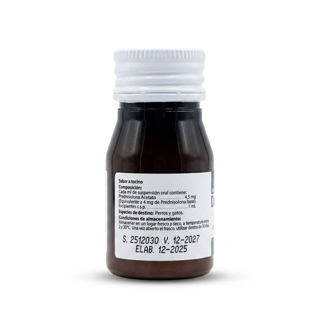 Reverso de la etiqueta de la botella de Dermisolona 10 ml, detallando la concentración de prednisolona, dosis por kilo y precauciones.