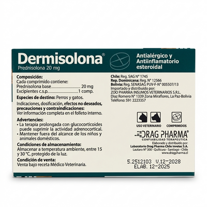 Dermisolona 20 mg Perros y Gatos 10 comprimidos – Antiinflamatorio esteroidal