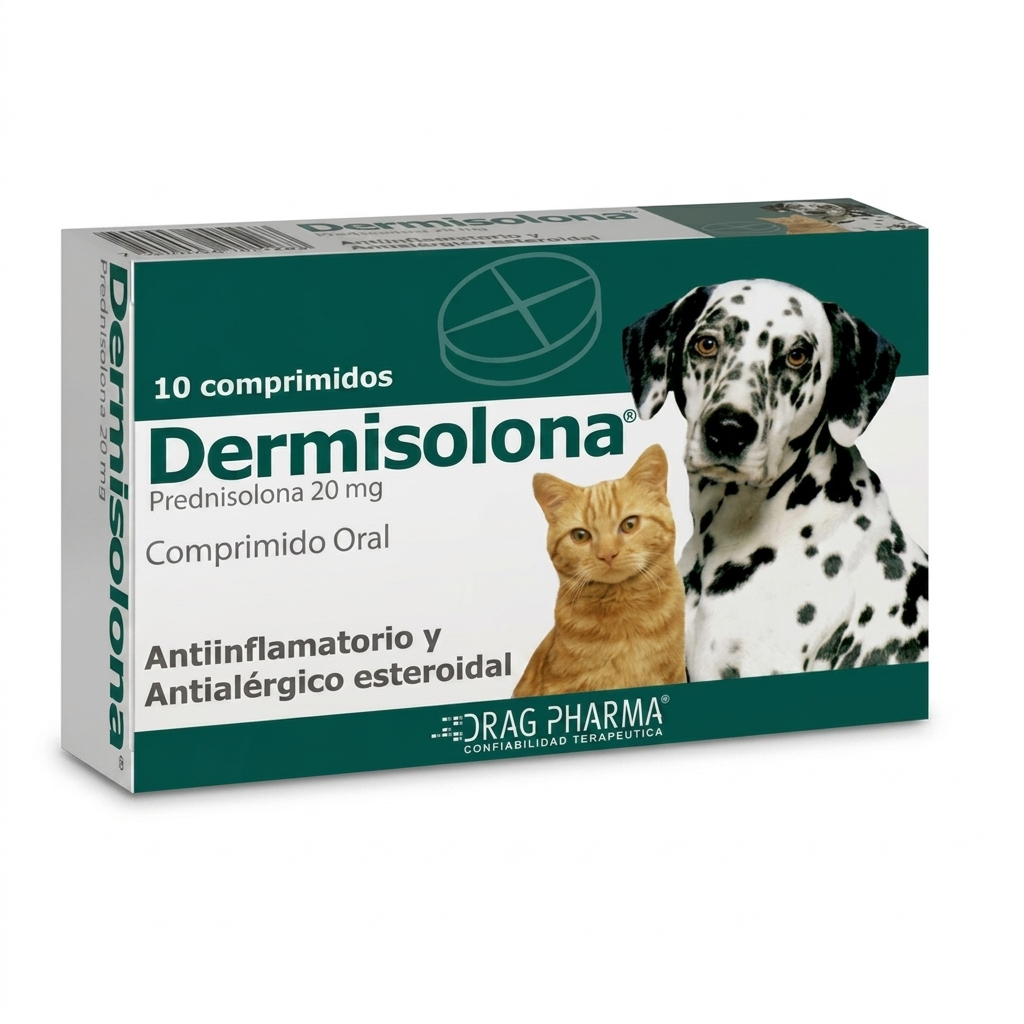 Dermisolona 20 mg Perros y Gatos 10 comprimidos – Antiinflamatorio esteroidal - Antiinflamatorios veterinaria en MasKotas Farmavet
