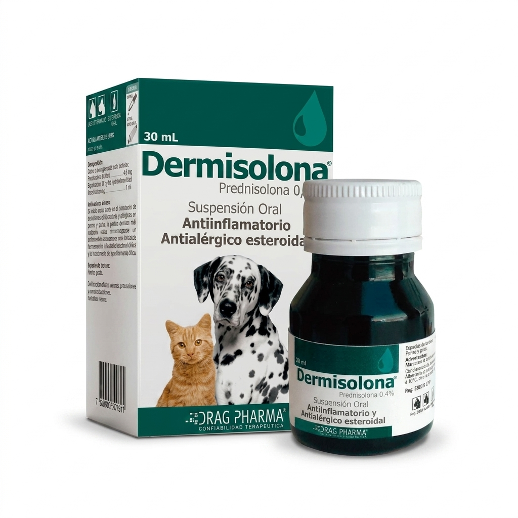 Frasco de Dermisolona 0,4% de 30 ml Drag Pharma, suspensión oral de prednisolona para el tratamiento de alergias y procesos inflamatorios en perros y gatos.