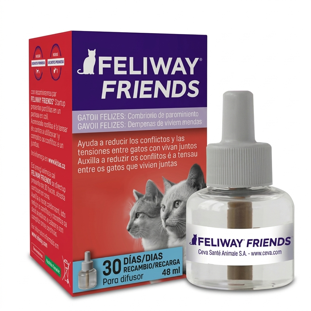 Repuesto Feliway Friends de 48 ml para gatos, difusor de feromonas de pacificación felina diseñado para reducir conflictos, peleas y tensiones en hogares con varios gatos.