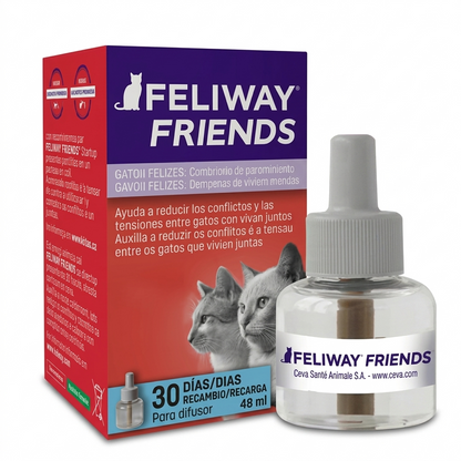 Repuesto Feliway Friends de 48 ml para gatos, difusor de feromonas de pacificación felina diseñado para reducir conflictos, peleas y tensiones en hogares con varios gatos.