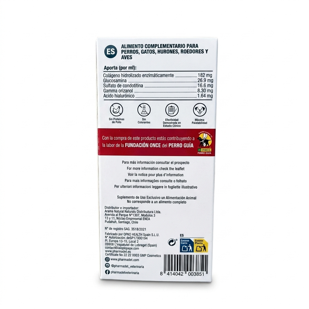 Contraetiqueta posterior del frasco de Paz-Pet 60 ml, mostrando los componentes activos, dosis por kilogramo y periodo de administración veterinaria.