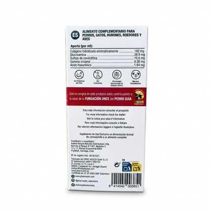 Contraetiqueta posterior del frasco de Paz-Pet 60 ml, mostrando los componentes activos, dosis por kilogramo y periodo de administración veterinaria.