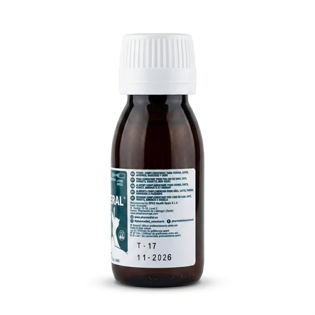 Contraetiqueta posterior de la botella de Hyaloral Gel 50 ml, con las instrucciones de administración diaria y composición nutricional para animales.