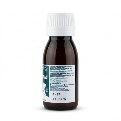Contraetiqueta posterior de la botella de Hyaloral Gel 50 ml, con las instrucciones de administración diaria y composición nutricional para animales.