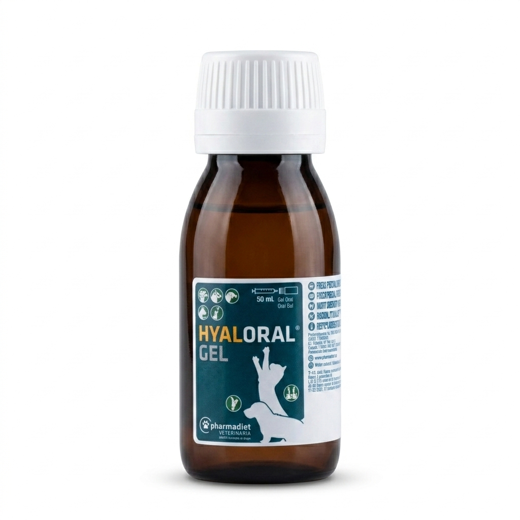 Envase dosificador frontal de Hyaloral Gel de 50 ml sobre fondo blanco, suplemento palatable para el cuidado de articulaciones en perros y gatos.