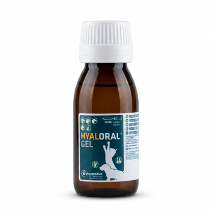 Envase dosificador frontal de Hyaloral Gel de 50 ml sobre fondo blanco, suplemento palatable para el cuidado de articulaciones en perros y gatos.