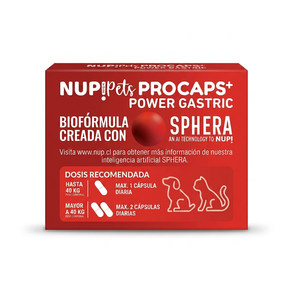 Empaque frontal rojo de NUP!Pets Procaps+ Power Gastric, suplemento alimentario protector gástrico para mascotas con tecnología Sphera.