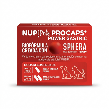 Empaque frontal rojo de NUP!Pets Procaps+ Power Gastric, suplemento alimentario protector gástrico para mascotas con tecnología Sphera.