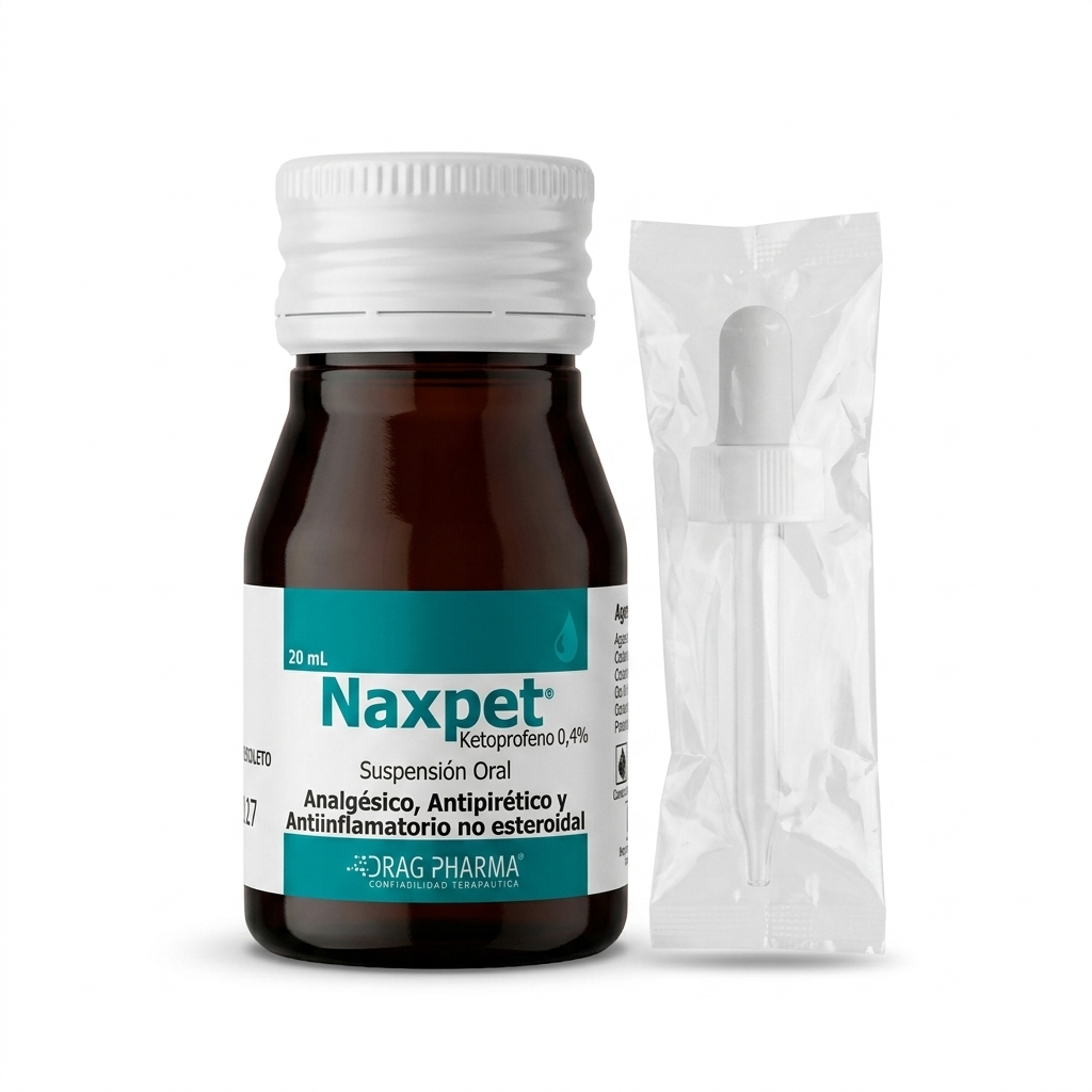 Presentación frontal de Naxpet 20 ml solución oral junto a su adaptador de gotero para dosificación en cachorros o mascotas pequeñas.