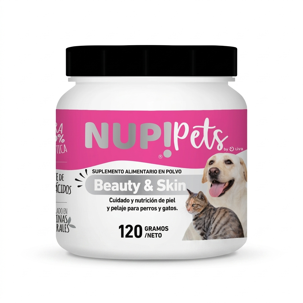 Suplemento alimenticio Nup! Pets Beauty Skin & Coat de 120 gr, fórmula simbiótica con probióticos y vitaminas para mejorar la salud de la piel y el brillo del pelaje en perros y gatos.