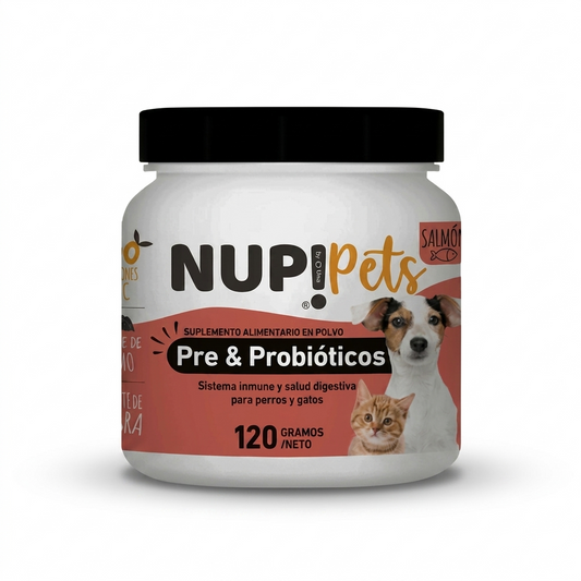 Suplemento Nup! Pets Digest de 120 g sabor salmón, complejo simbiótico con prebióticos y probióticos para el equilibrio de la flora intestinal en perros y gatos.