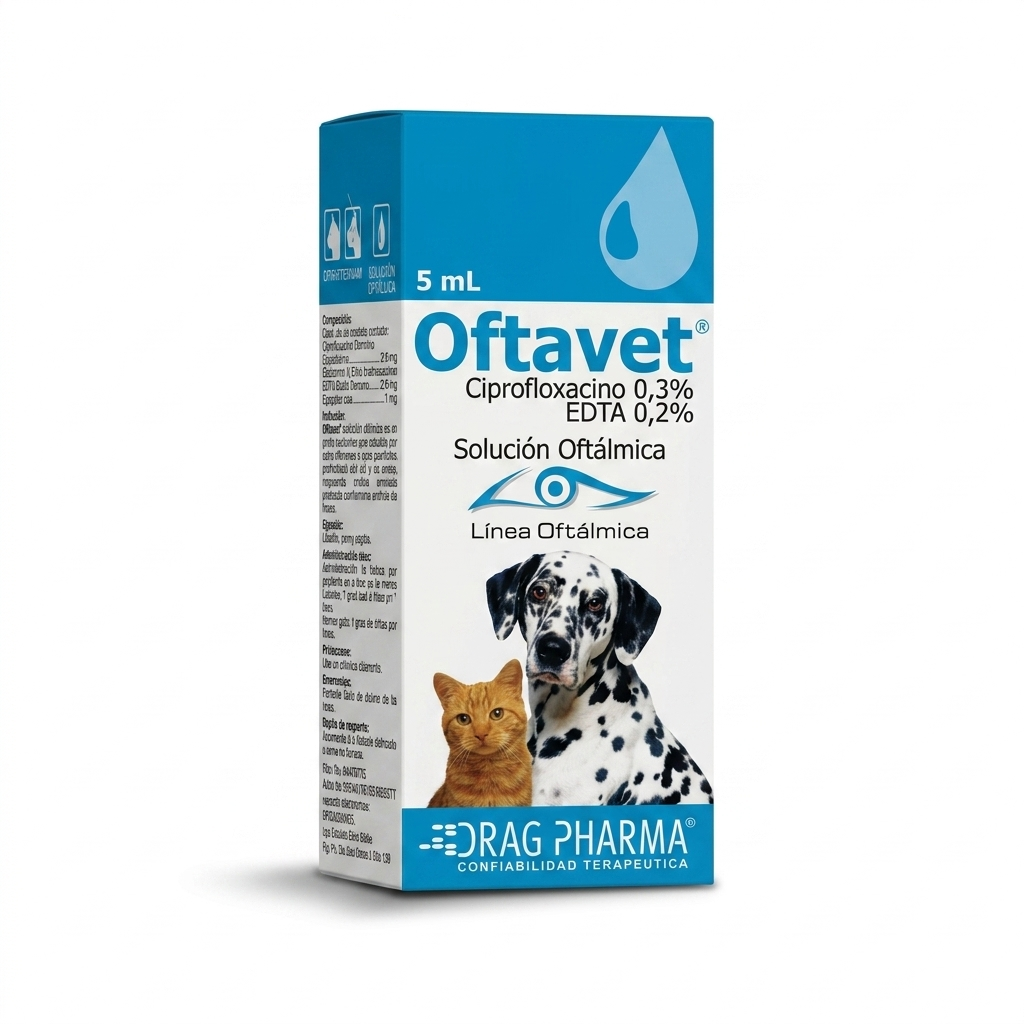 Caja de Oftavet Solución Oftálmica de 5 mL de Drag Pharma, un medicamento veterinario para perros y gatos. El empaque de color azul y blanco incluye el nombre del producto, la concentración de Ciprofloxacino (0,3%) y EDTA (0,2%), el logotipo de "Línea Oftálmica" y las imágenes de un perro dálmata y un gato atigrado. El producto está centrado sobre un fondo blanco puro.