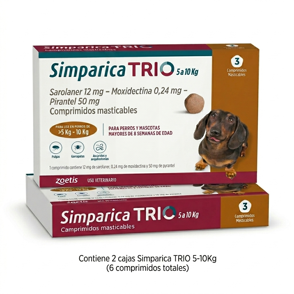 Simparica TRIO 5–10 kg - Pack 2 cajas – Ahorro y protección mensual - Antiparasitarios veterinaria Zoetis en MasKotas Farmavet

