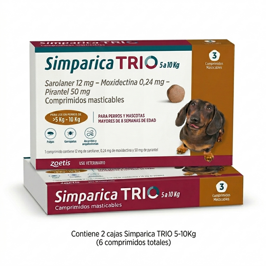 Simparica TRIO 5–10 kg - Pack 2 cajas – Ahorro y protección mensual - Antiparasitarios veterinaria Zoetis en MasKotas Farmavet
