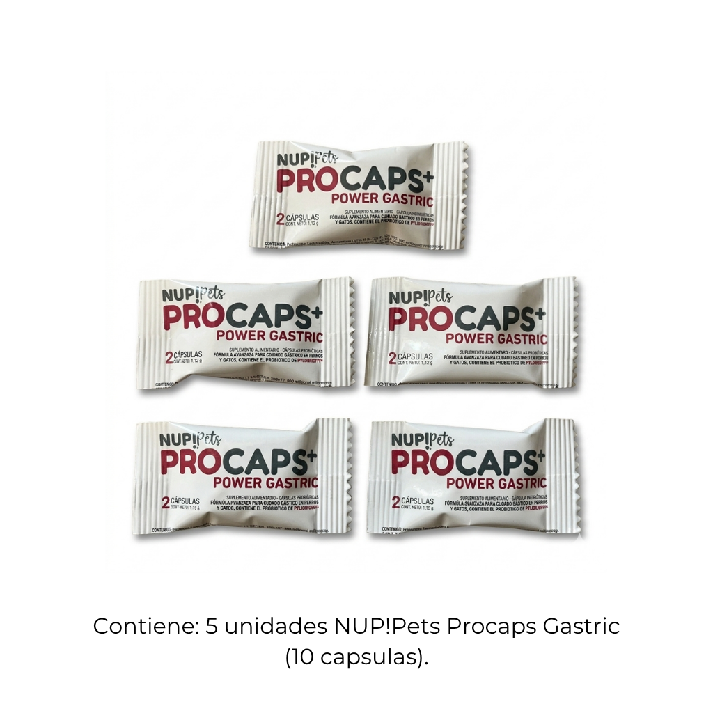 Composición limpia de un pack promocional de 5 sobres individuales del suplemento protector gástrico NUP!Pets Procaps+ Power Gastric para perros y gatos.
