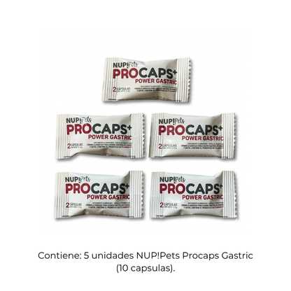 Composición limpia de un pack promocional de 5 sobres individuales del suplemento protector gástrico NUP!Pets Procaps+ Power Gastric para perros y gatos.