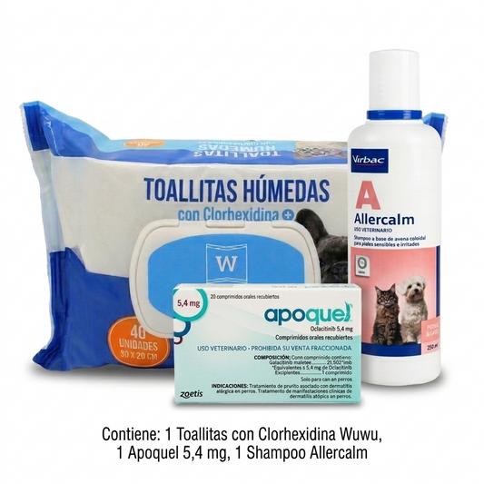 Pack Dermatitis Atópica Canina Perros Medianos – Apoquel 5.4 mg + Shampoo + Toallitas, Tratamiento Integral de Zoetis en MasKotas Farmavet