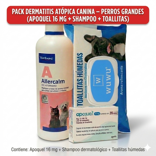 Pack Dermatitis Atópica Canina Perros Grandes – Apoquel 16 mg + Shampoo + Toallitas, Tratamiento Integral